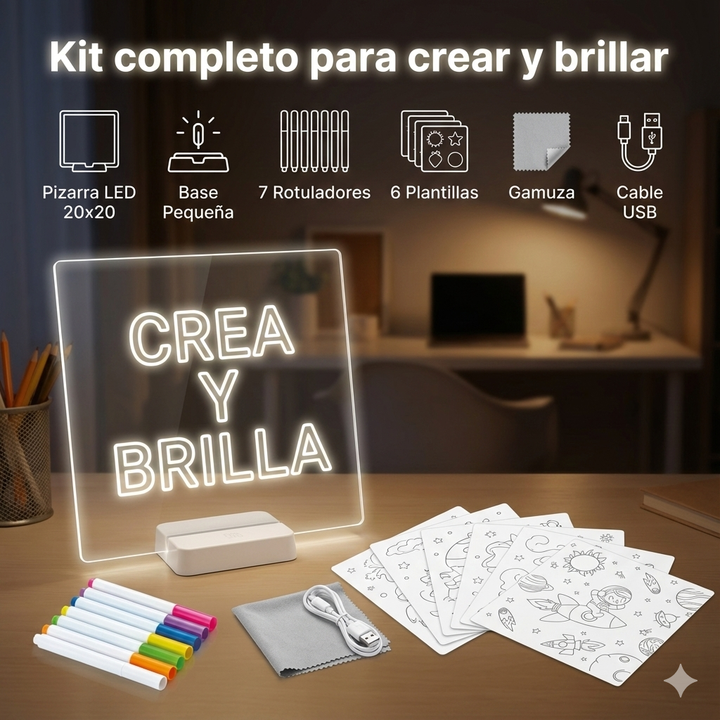 Doodly Pizarra LED – Organiza, Crea e Ilumina tu Espacio + 7 Rotuladores y 6 Plantillas Para Dibujar ¡DE REGALO!