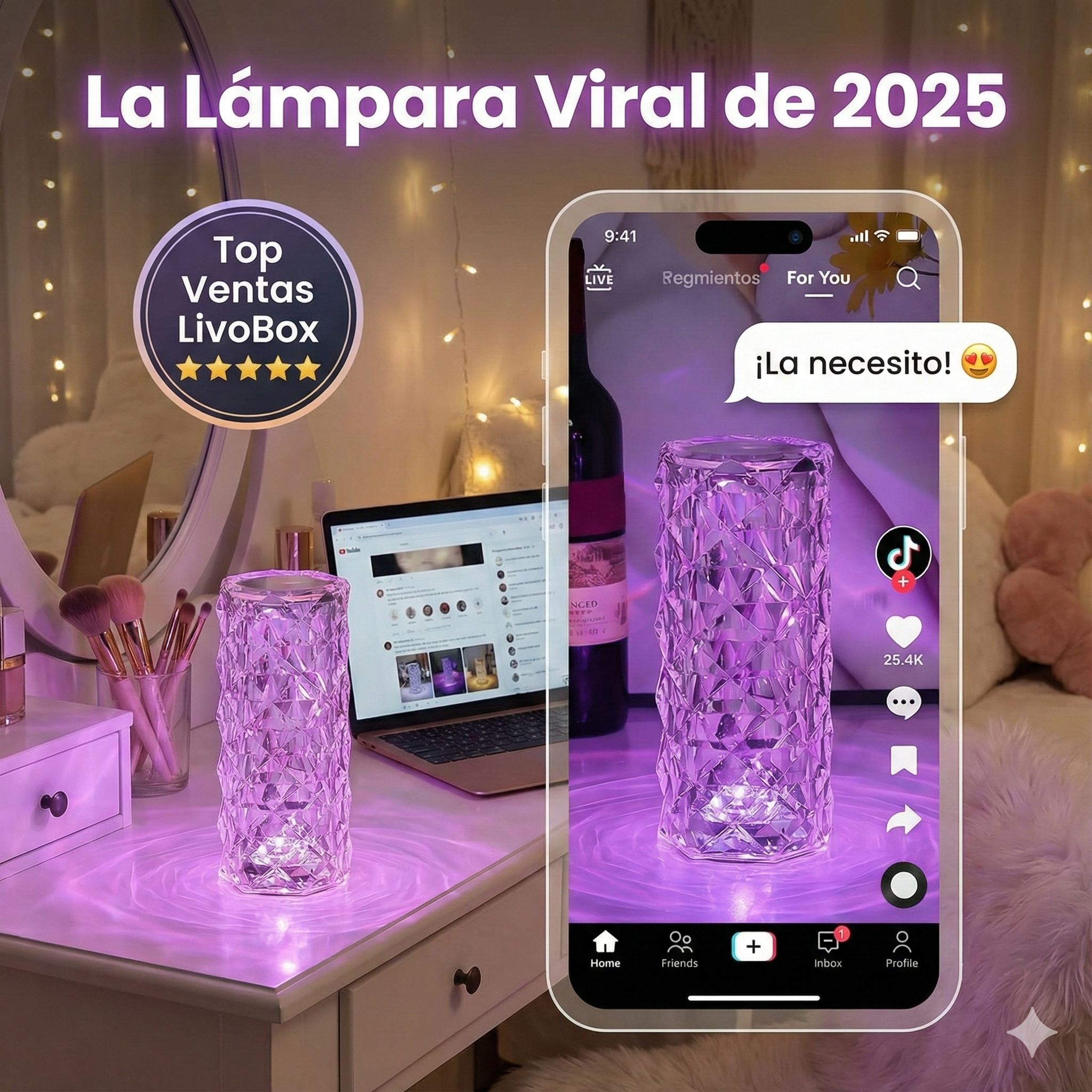 LivoCrystal Aura: Lámpara Ambiental de Cristal con Proyección Dinámica (16 Colores + Control Táctil)