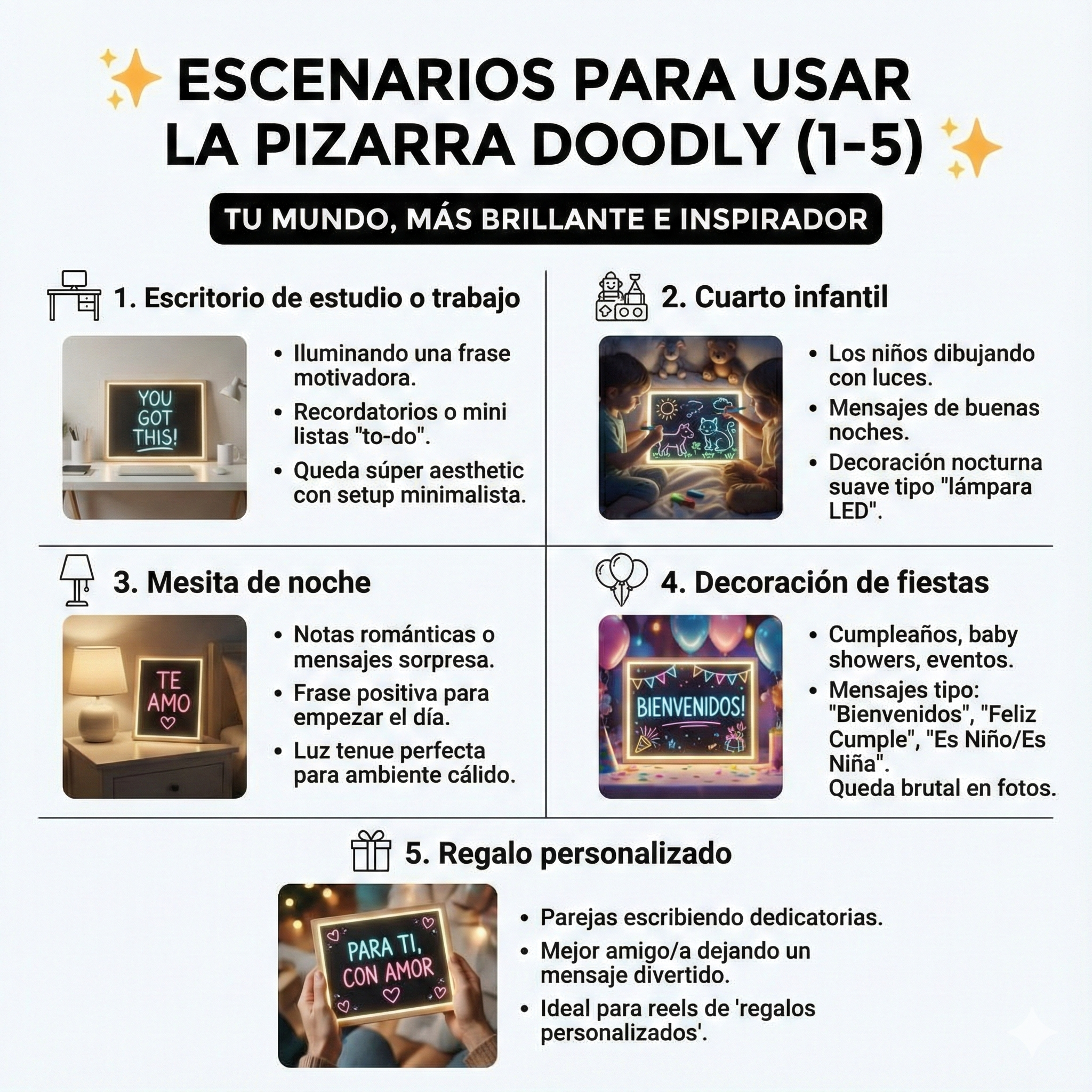 Doodly Pizarra LED – Organiza, Crea e Ilumina tu Espacio + 7 Rotuladores y 6 Plantillas Para Dibujar ¡DE REGALO!