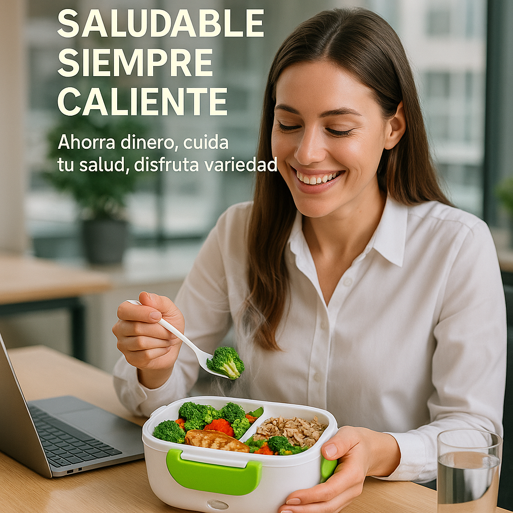 Mujer profesional disfrutando comida saludable con LivoHotLunch