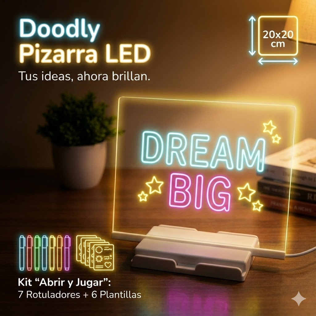 Doodly Pizarra LED – Organiza, Crea e Ilumina tu Espacio + 7 Rotuladores y 6 Plantillas Para Dibujar ¡DE REGALO!
